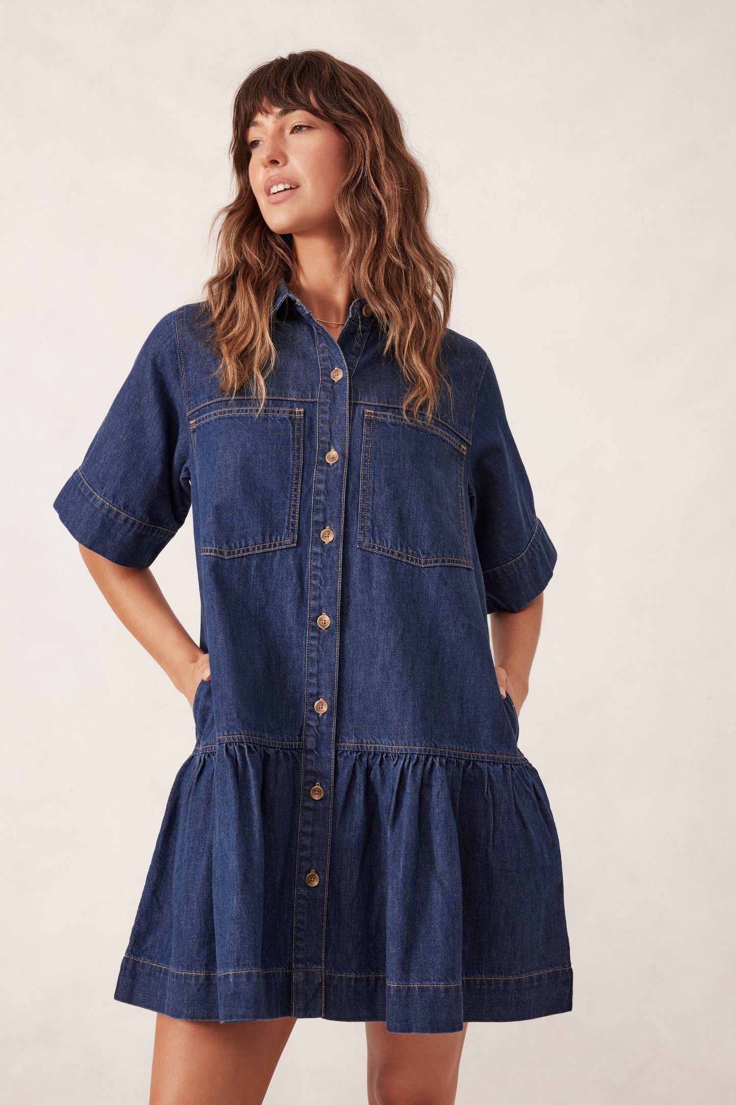 Short Sleeve Tiered Pocket Shirt Dress