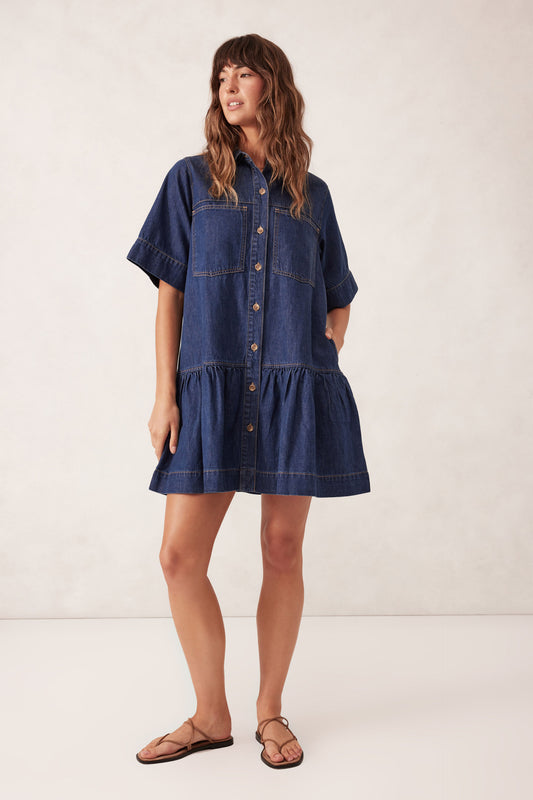 Short Sleeve Tiered Pocket Shirt Dress