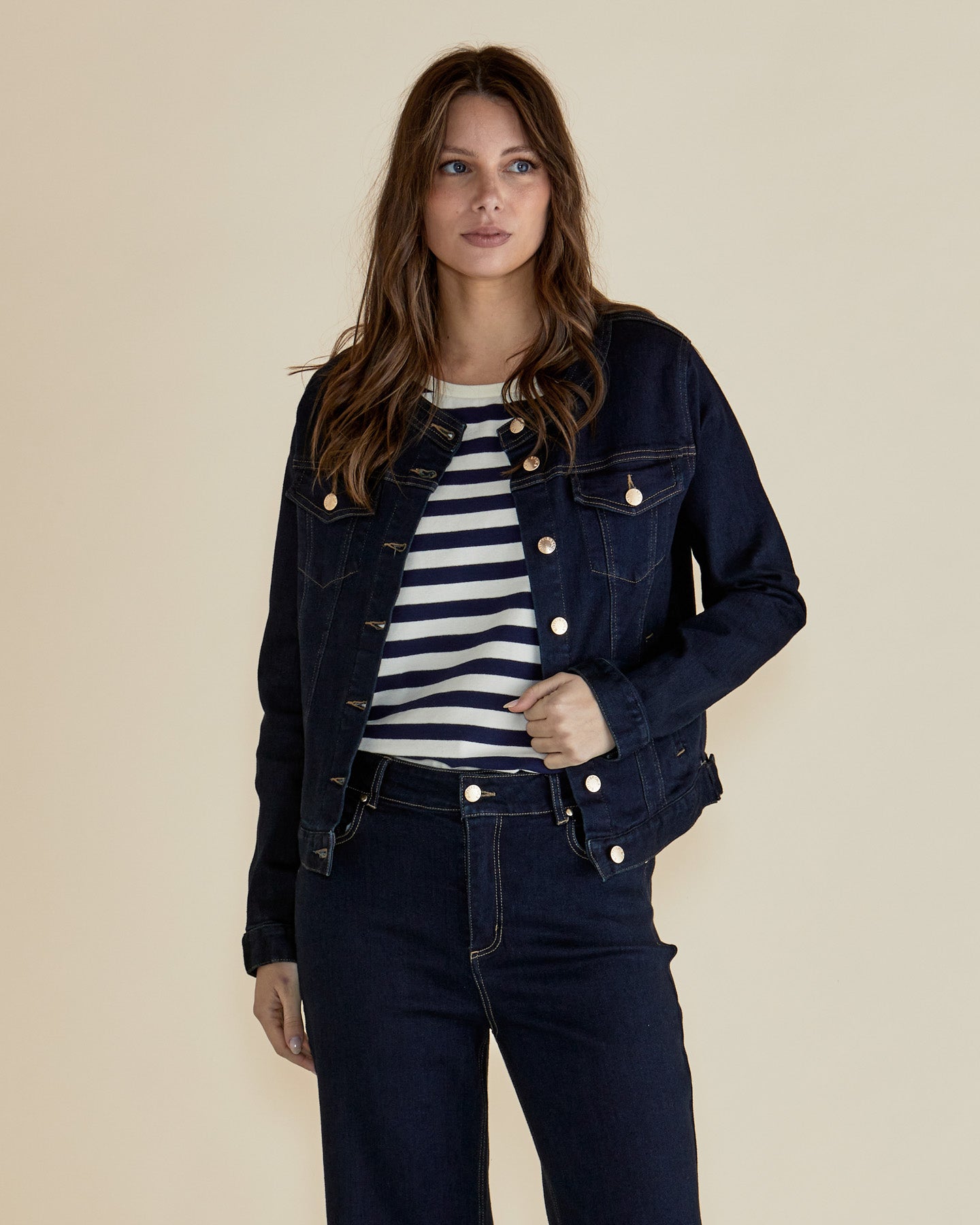 Cindy Collarless Denim Jacket