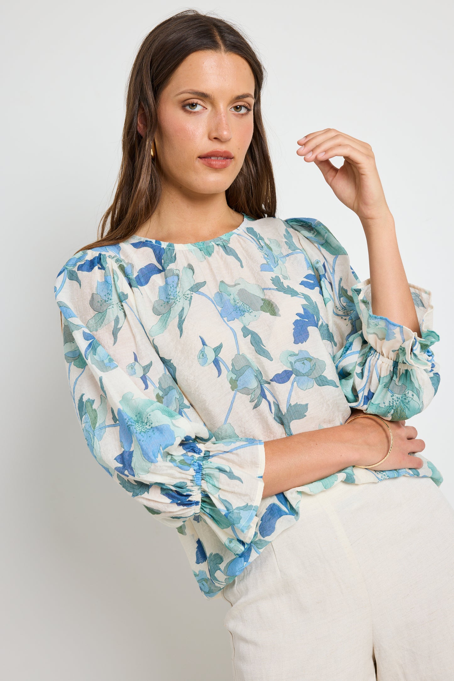 Candid Floral Frill Sleeve Crew Neck SS Top