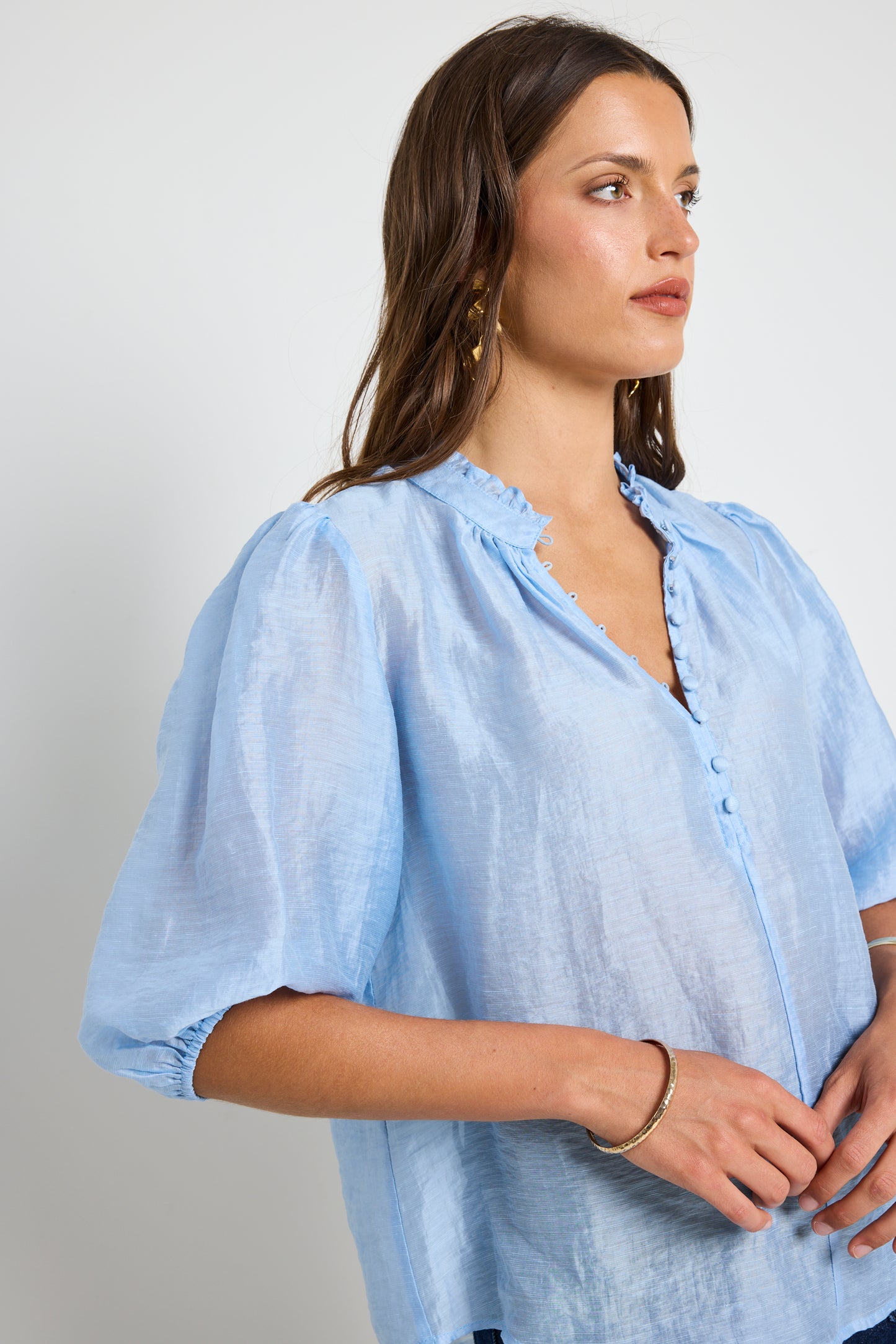 Closure Sheer High Neck Buttoned SS Top