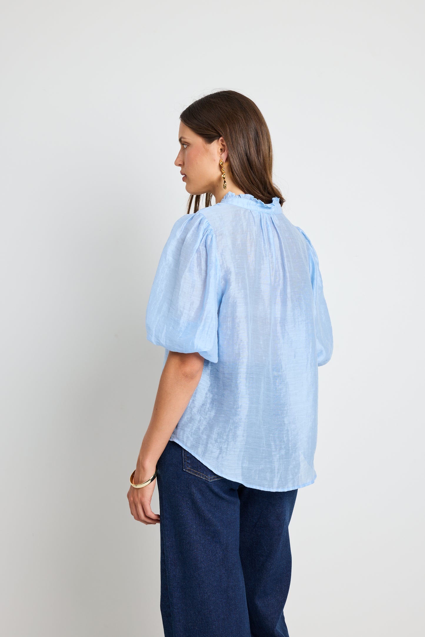 Closure Sheer High Neck Buttoned SS Top