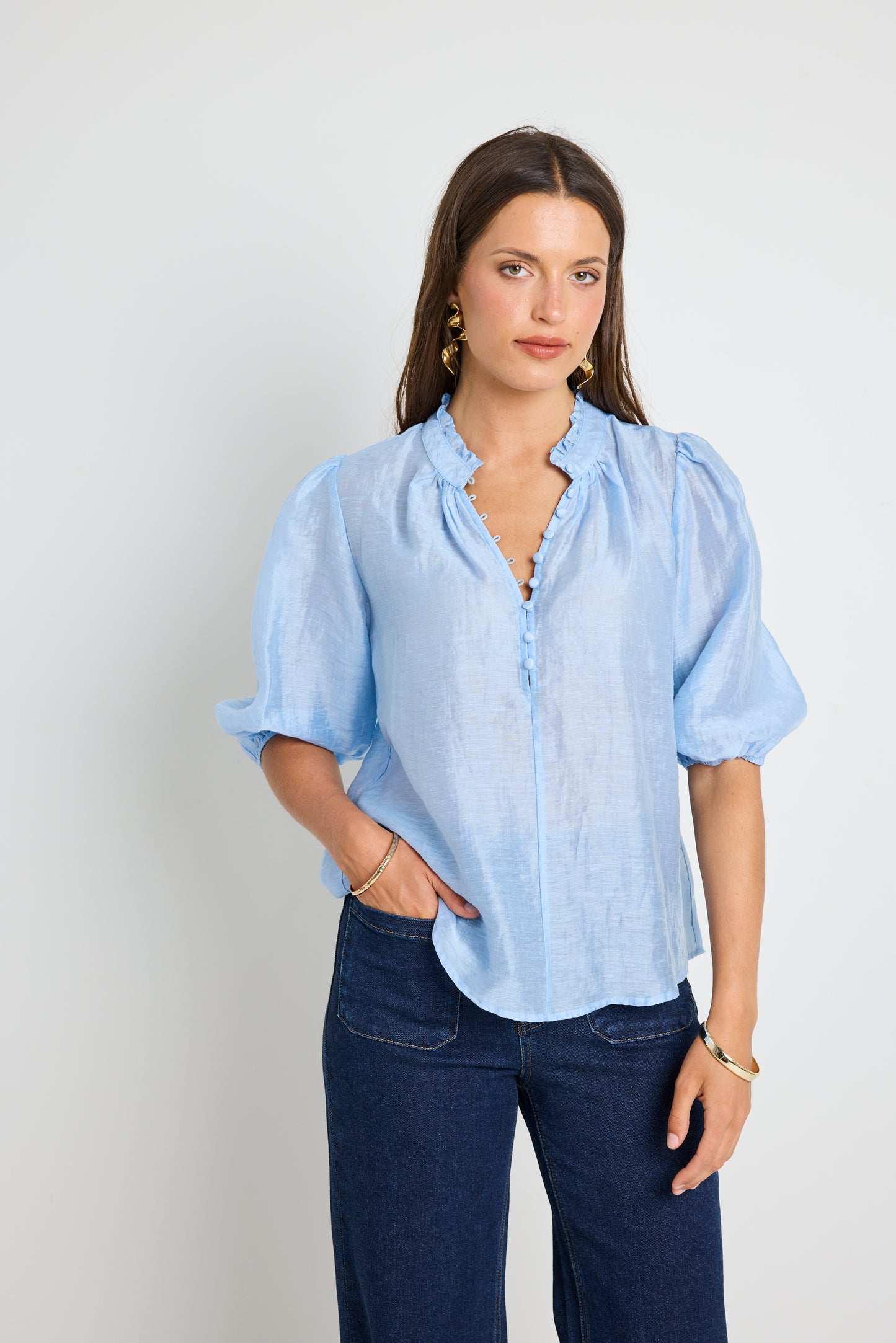 Closure Sheer High Neck Buttoned SS Top