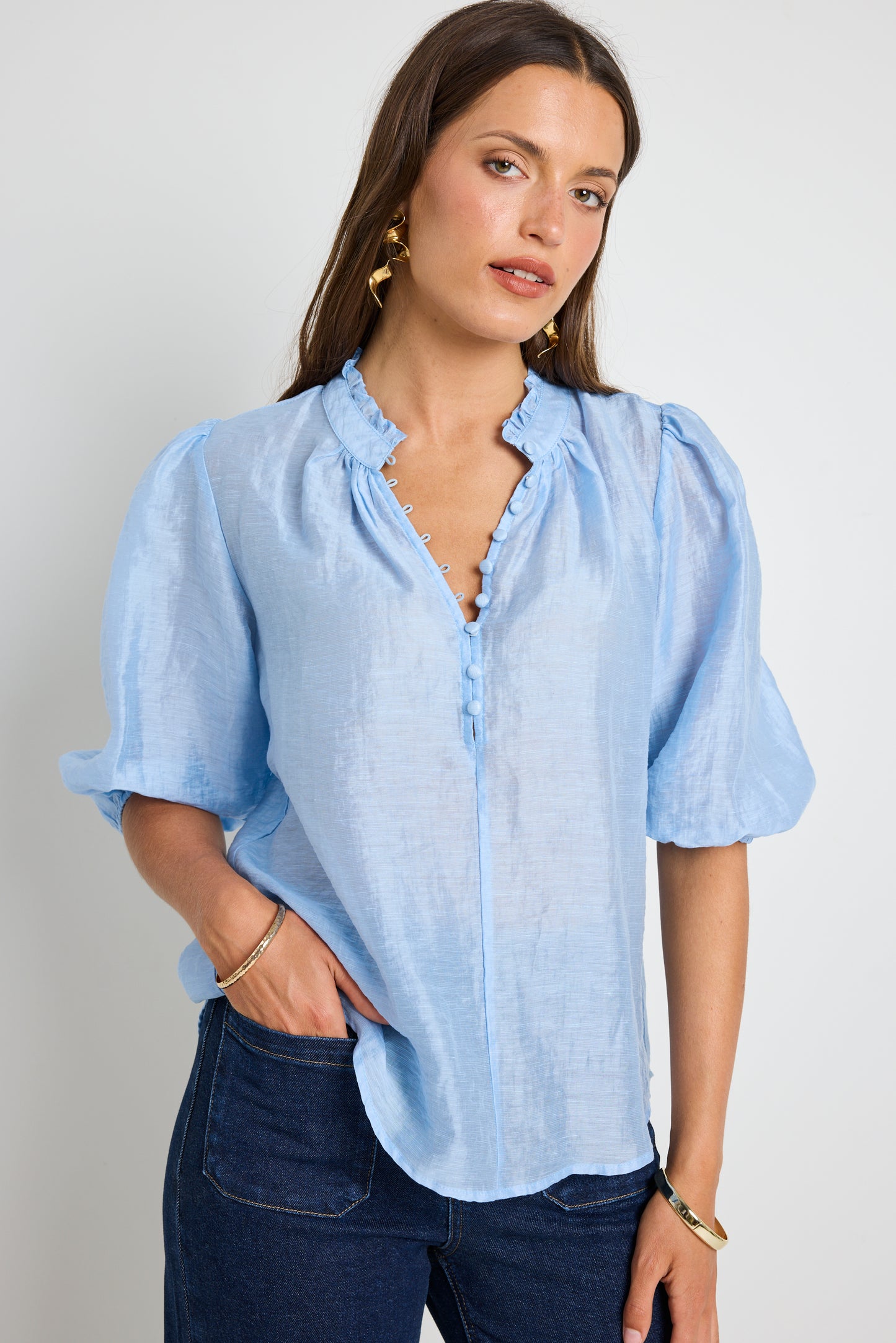 Closure Sheer High Neck Buttoned SS Top